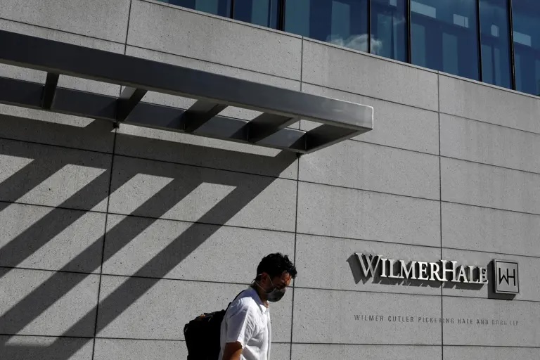 Signage is seen outside of the law firm WilmerHale in Washington, D.C., U.S., August 30, 2020.