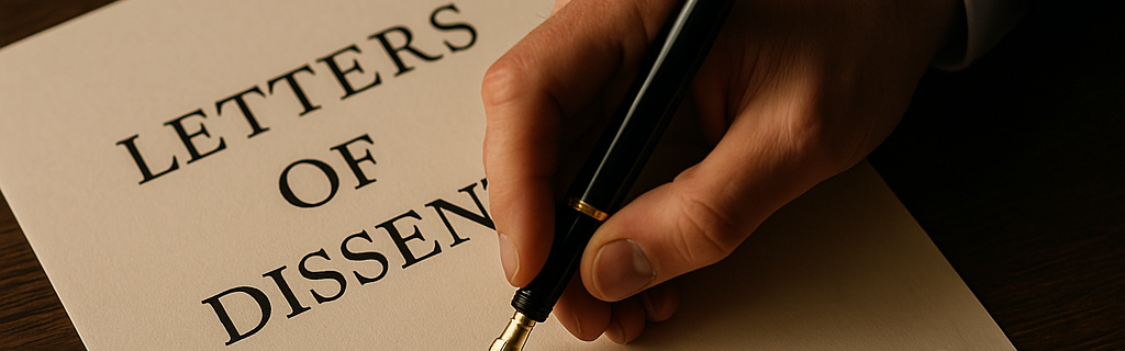 A hand holds a classic fountain pen against a piece of paper on a wood table, and the paper reads, "Letters of Dissent," in print.
